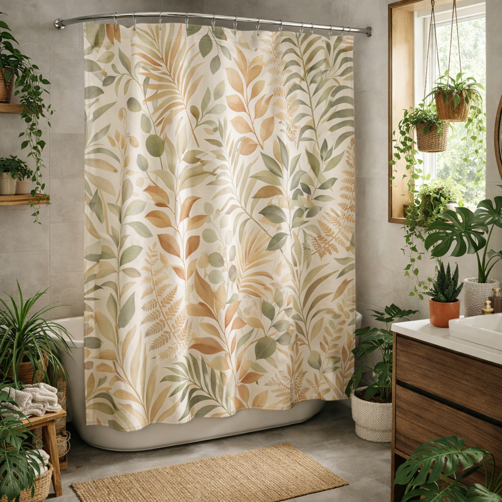 Boho Botanical Shower Curtain – Sage & Camel Neutrals