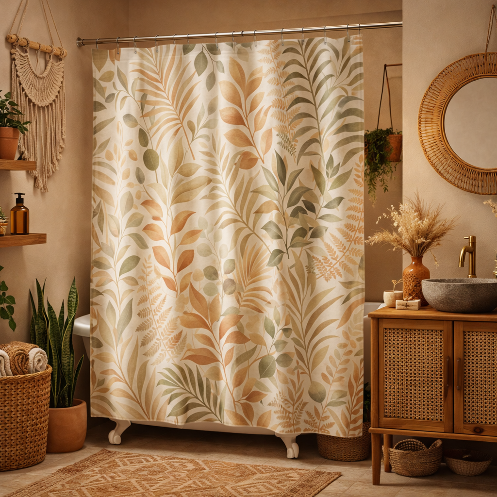 Boho Botanical Shower Curtain – Sage & Camel Neutrals