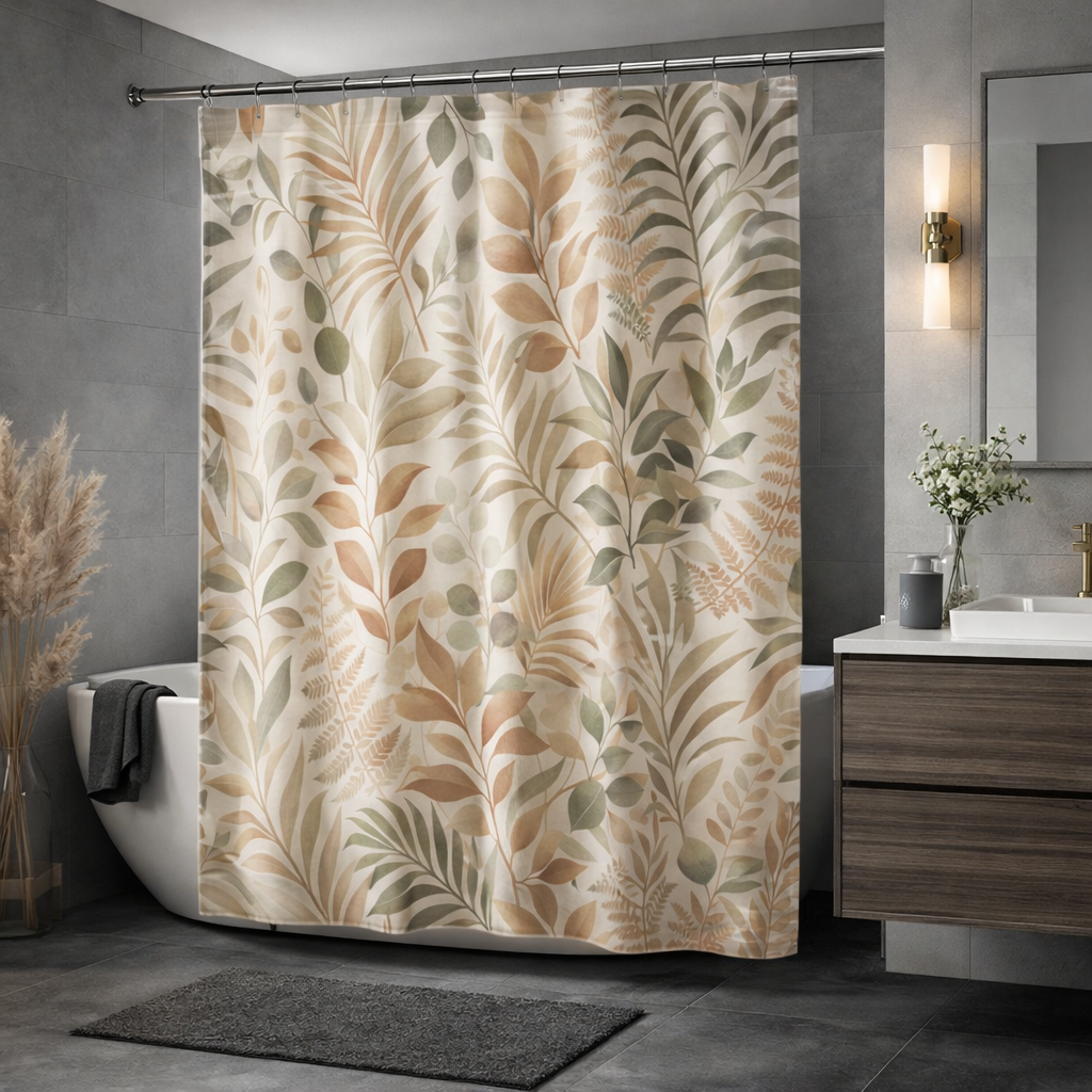 Boho Botanical Shower Curtain – Sage & Camel Neutrals