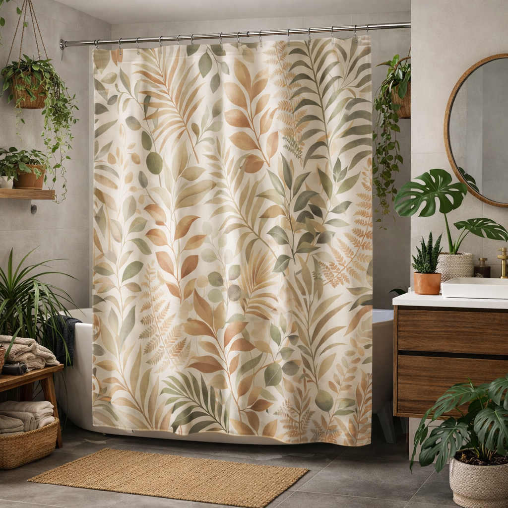 Boho Botanical Shower Curtain – Sage & Camel Neutrals