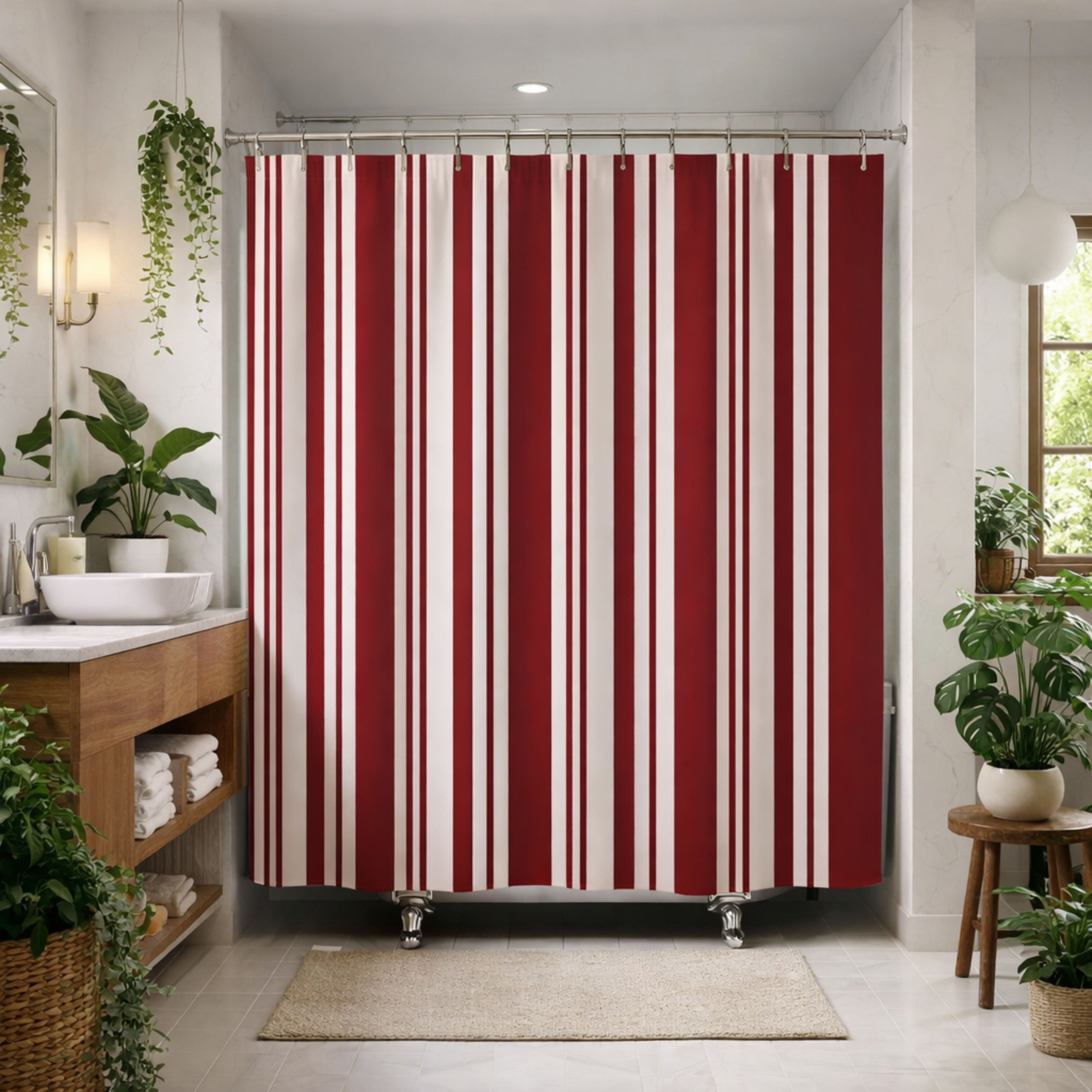 Red and White Ticking Stripe Shower Curtain