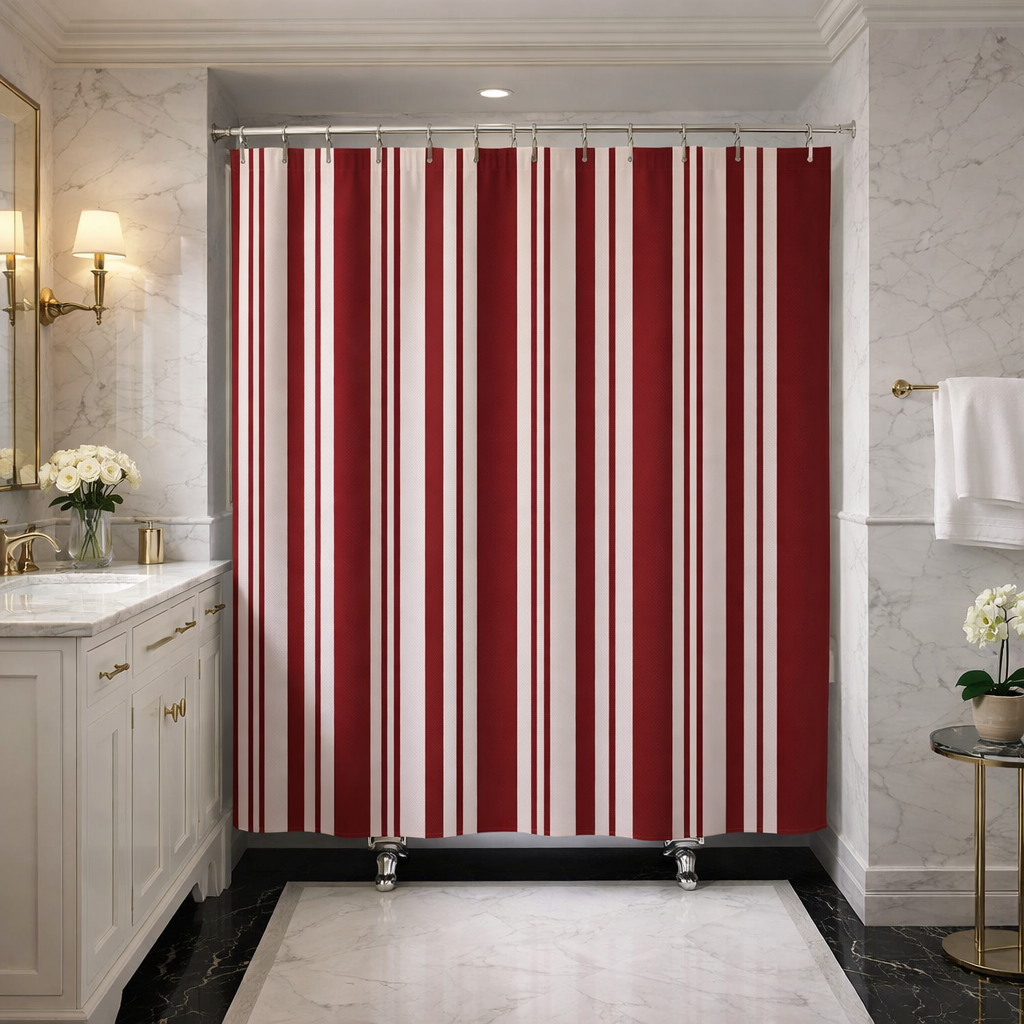 Red and White Ticking Stripe Shower Curtain