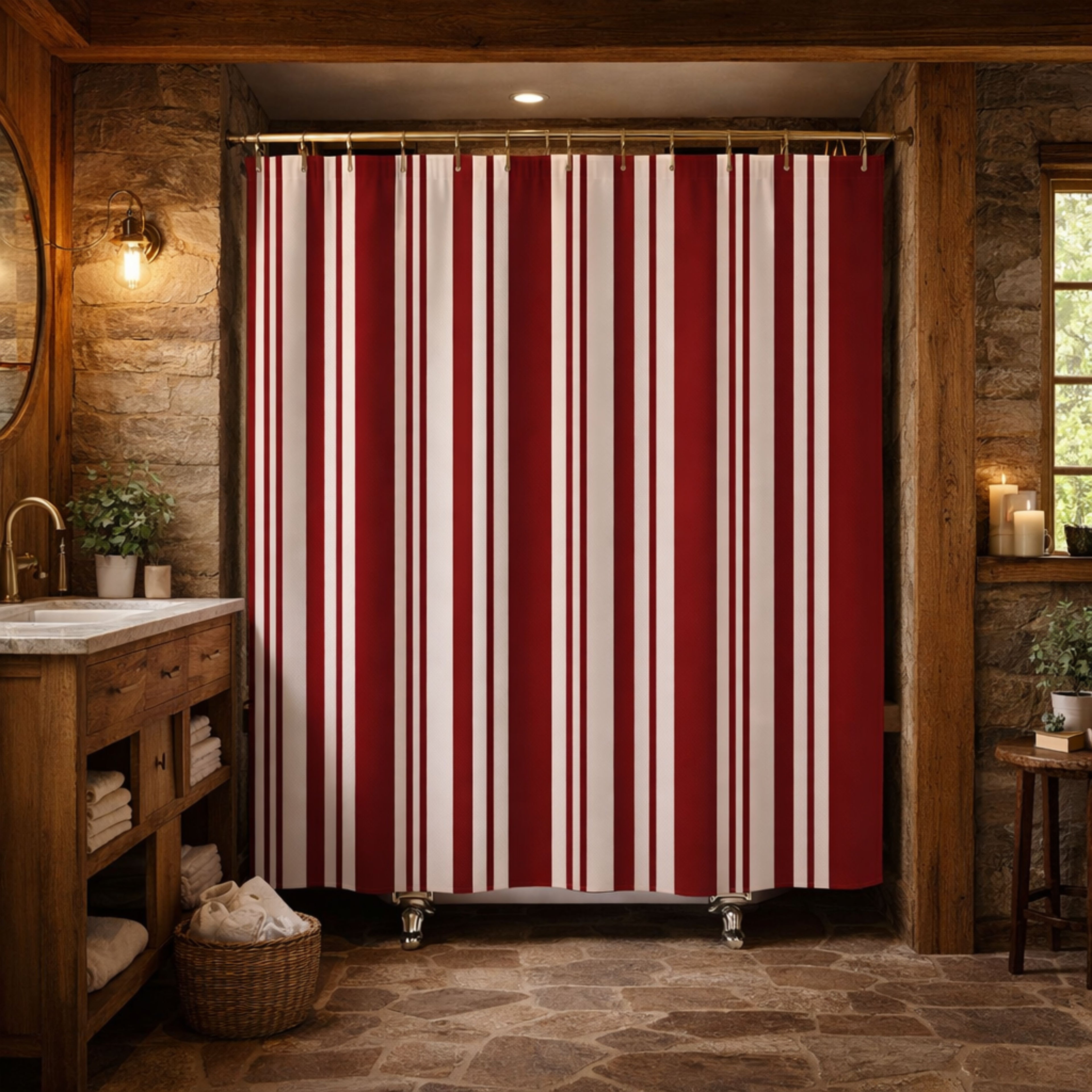 Red and White Ticking Stripe Shower Curtain