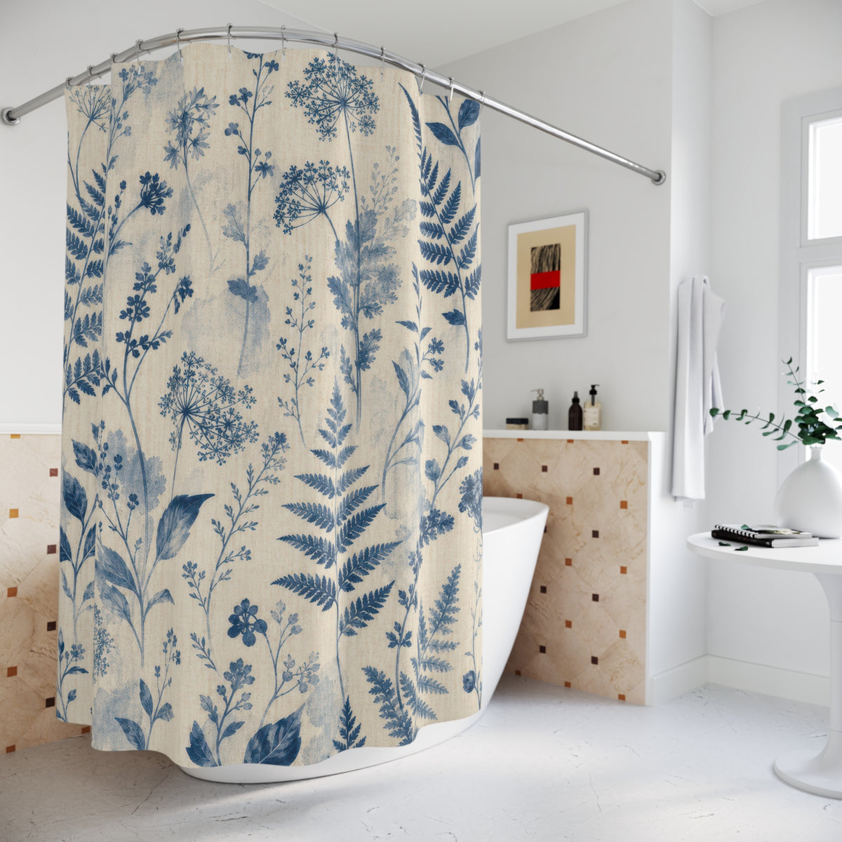 Blue Botanical cyanotype farmhouse white shower curtain beside a freestanding tub