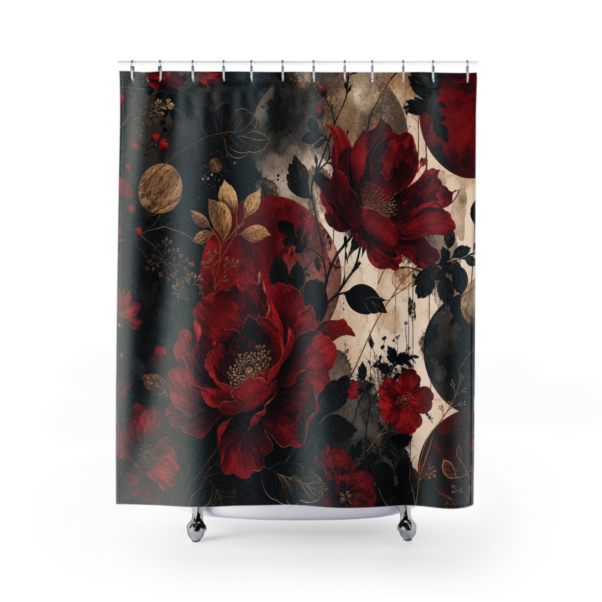 Red and Black Shower Curtain: Dark Floral Rose Pattern