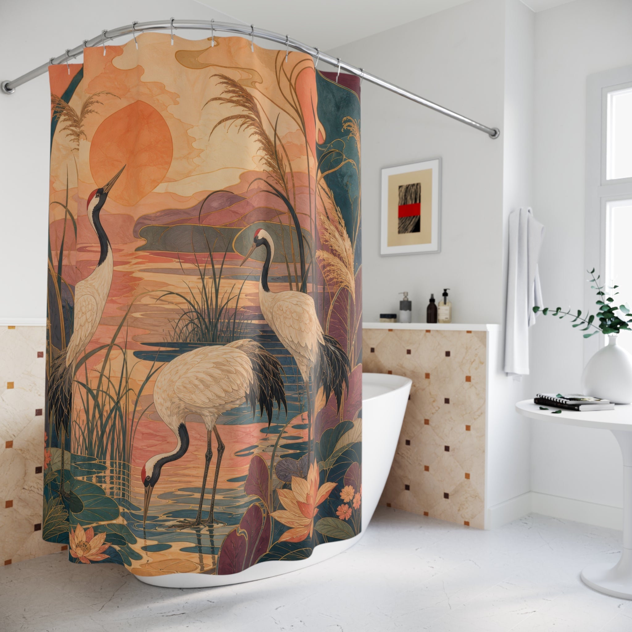 Unique Crane Shower Curtain, Sunset Marsh Bird Art, Peach Orange Wetland Decor, Serene Nature Guest Bath Accent, Warm Landscape Style