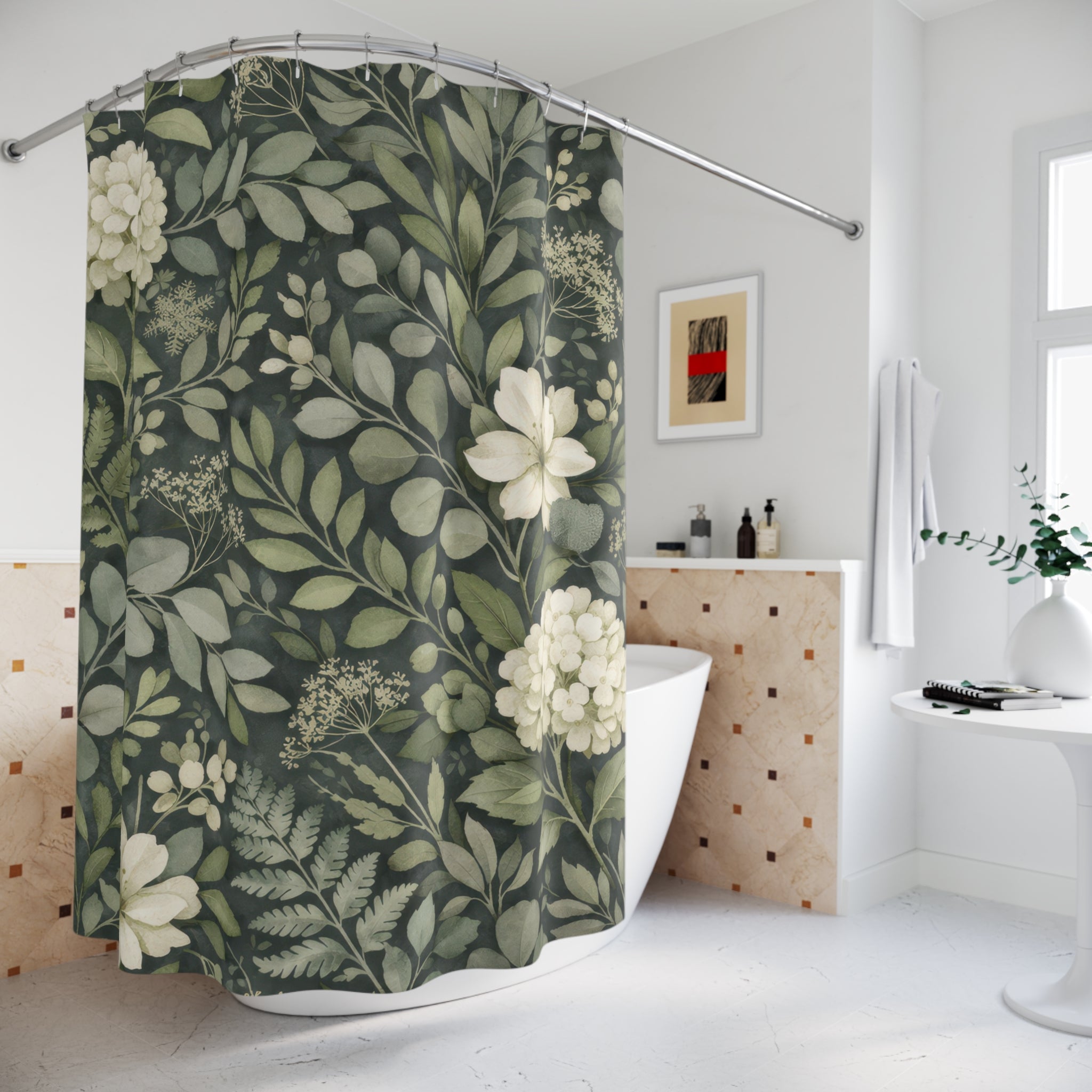 Green and Grey Botanical Shower Curtain – Sage Eucalyptus