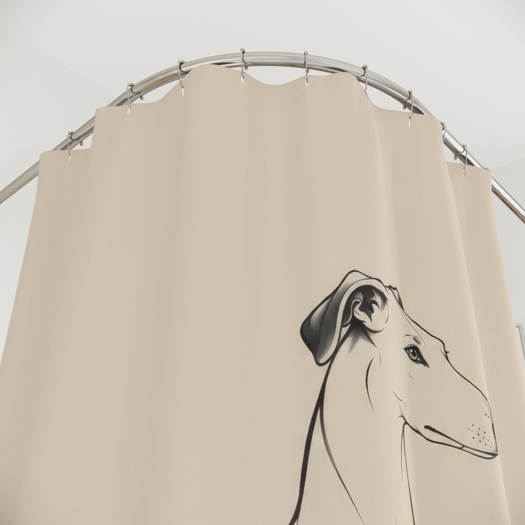 Charcoal contour drawing of a reclining dog on oatmeal shower curtain with close-up print, hooks, and folds
