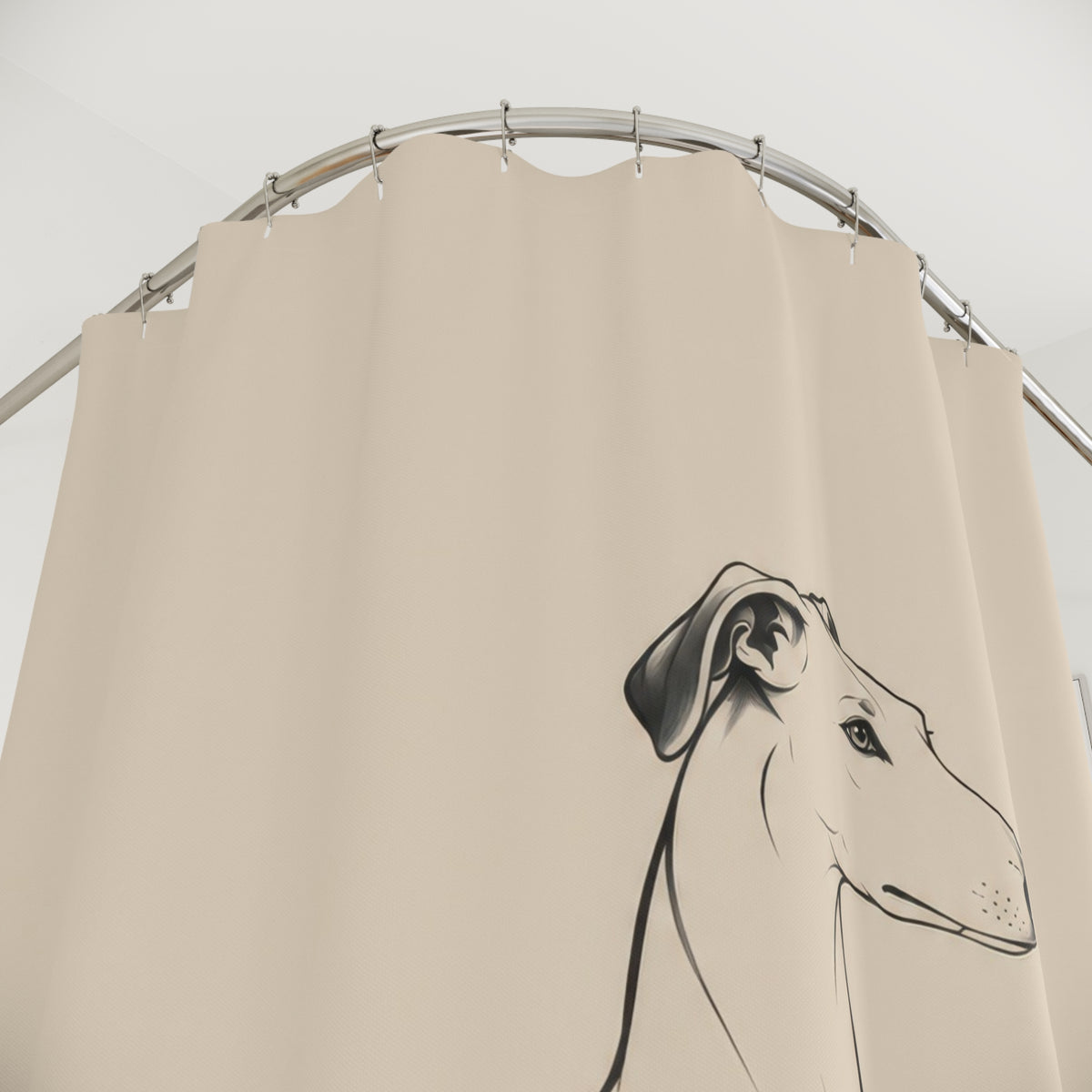 Charcoal contour drawing of a reclining dog on oatmeal shower curtain with close-up print, hooks, and folds