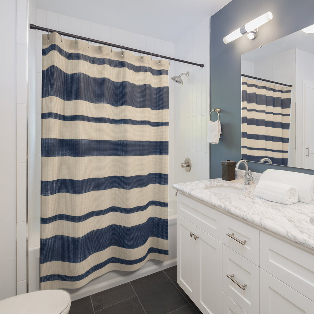 Navy Striped Shower Curtain, Blue White Bath Decor, French Coastal Horizontal Stripe Pattern, Classic Guest Bathroom Decor, Navy Style