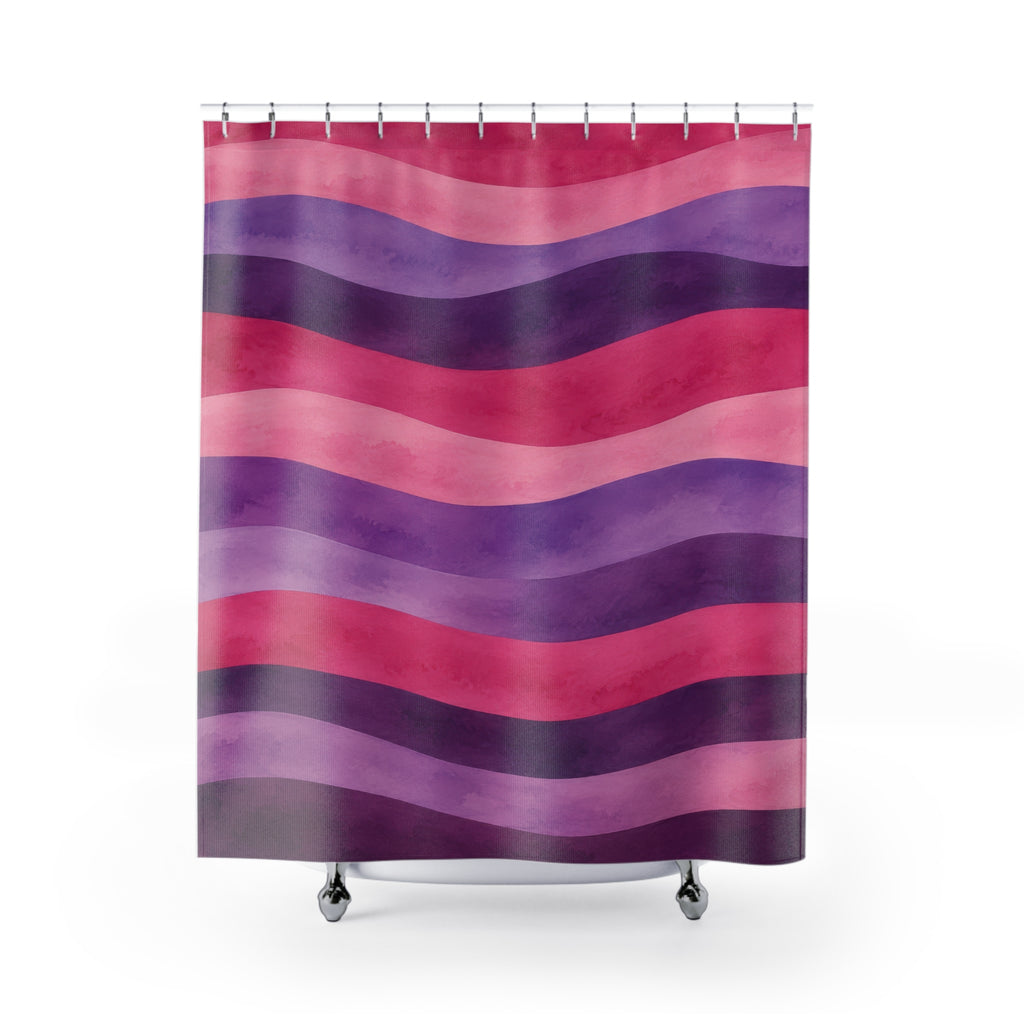 Wavy watercolor stripes in pink, lavender and plum shower curtain with full front view