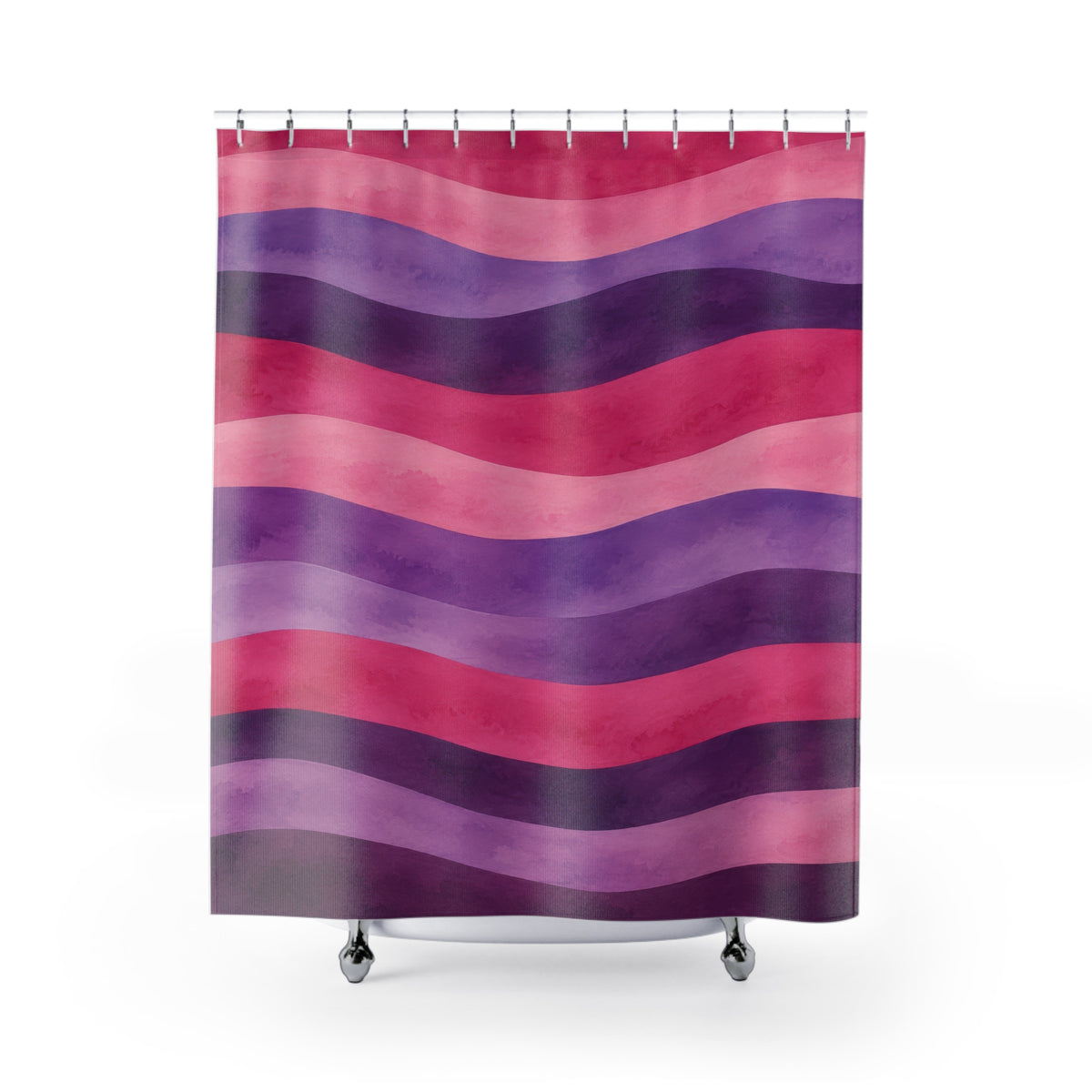 Wavy watercolor stripes in pink, lavender and plum shower curtain with full front view