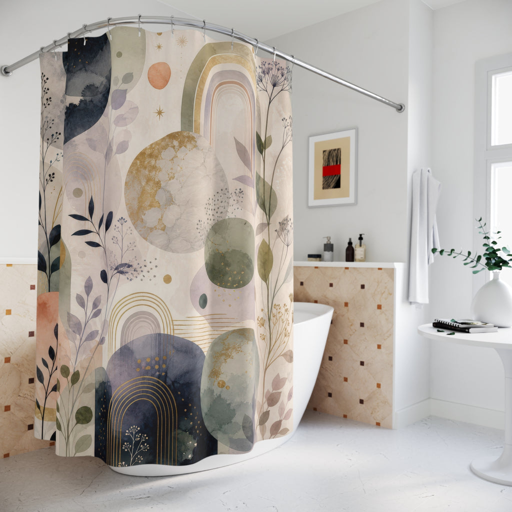 Soft Celestial Abstract Shower Curtain, Neutral Moon Bathroom Decor, Pastel Botanical Bath Curtain, Guest Bathroom Decor, Soft Bath Decor