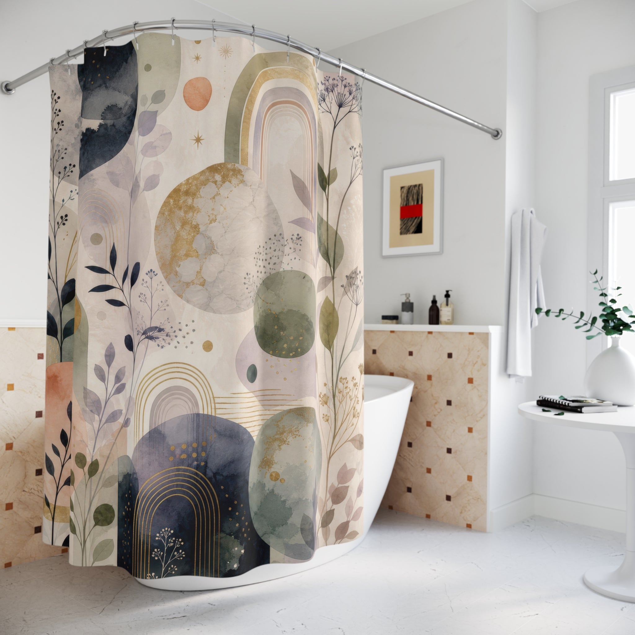 Soft Celestial Abstract Shower Curtain, Neutral Moon Bathroom Decor, Pastel Botanical Bath Curtain, Guest Bathroom Decor, Soft Bath Decor