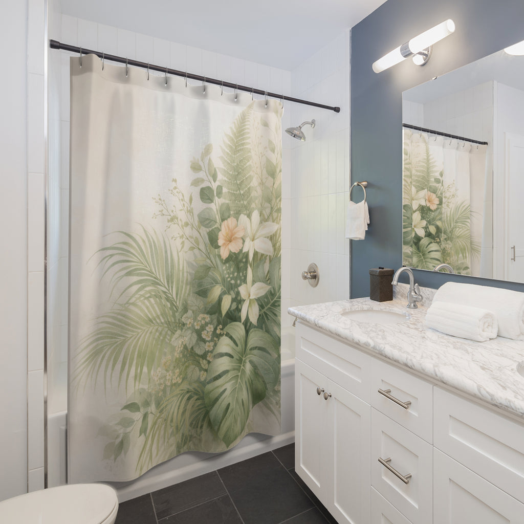 Tropical Botanical Shower Curtain – Palm and Monstera