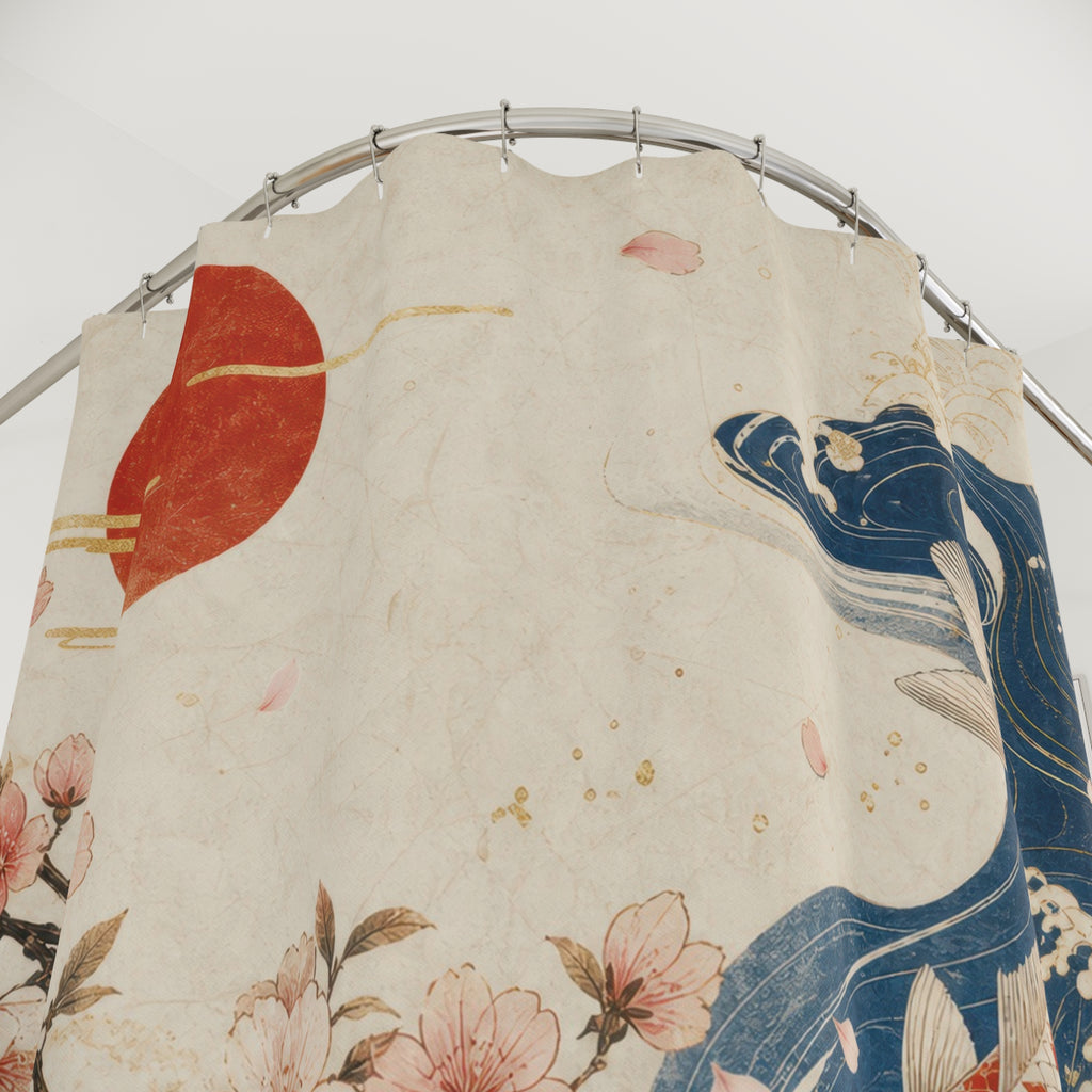 Japanese Shower Curtain: Koi Fish Wave Red Sun