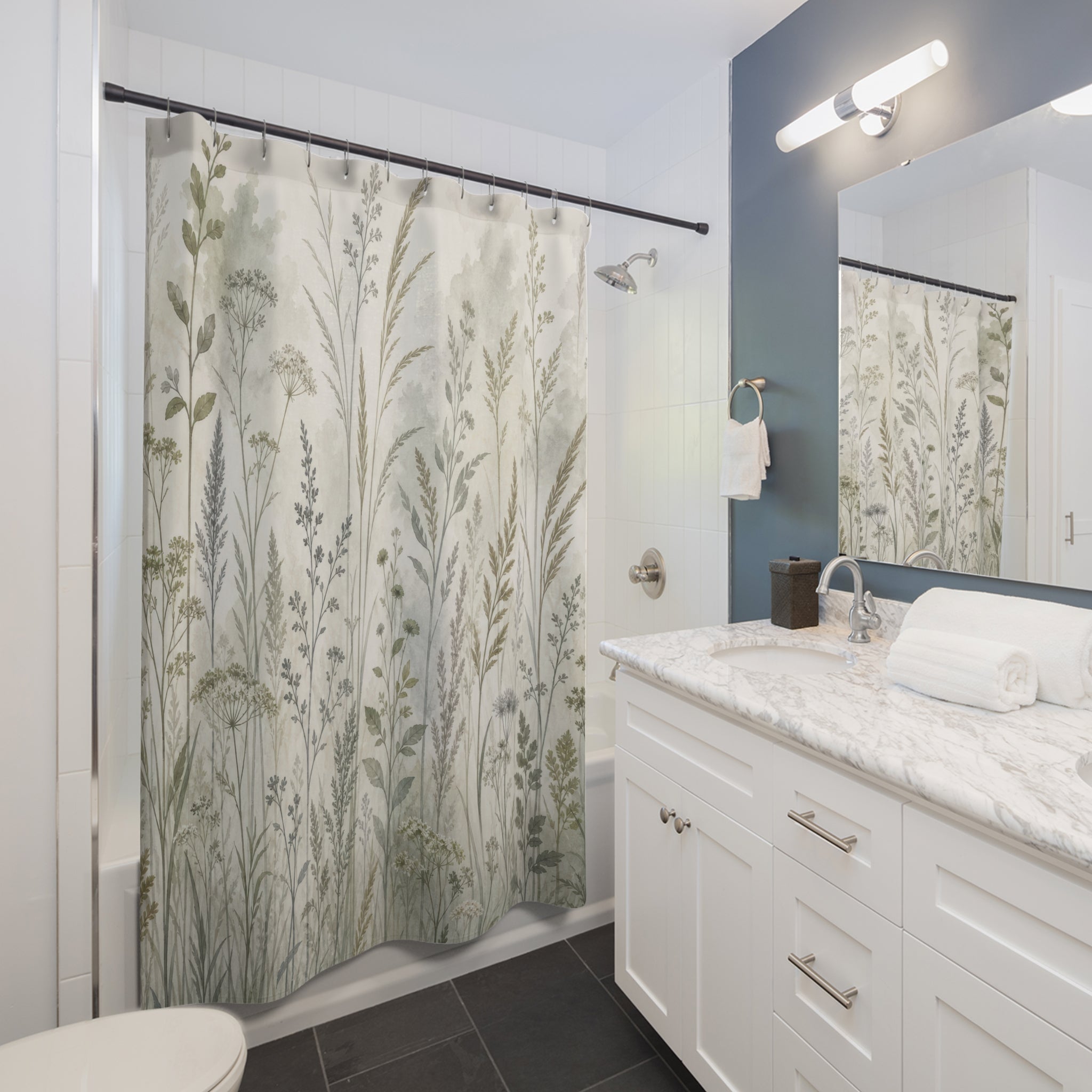 Sage Meadow Shower Curtain, Sage Green Nature Bathroom Decor, Wildflower Botanical Bath Curtain, Guest Bath Decor, Small Bathroom Decor