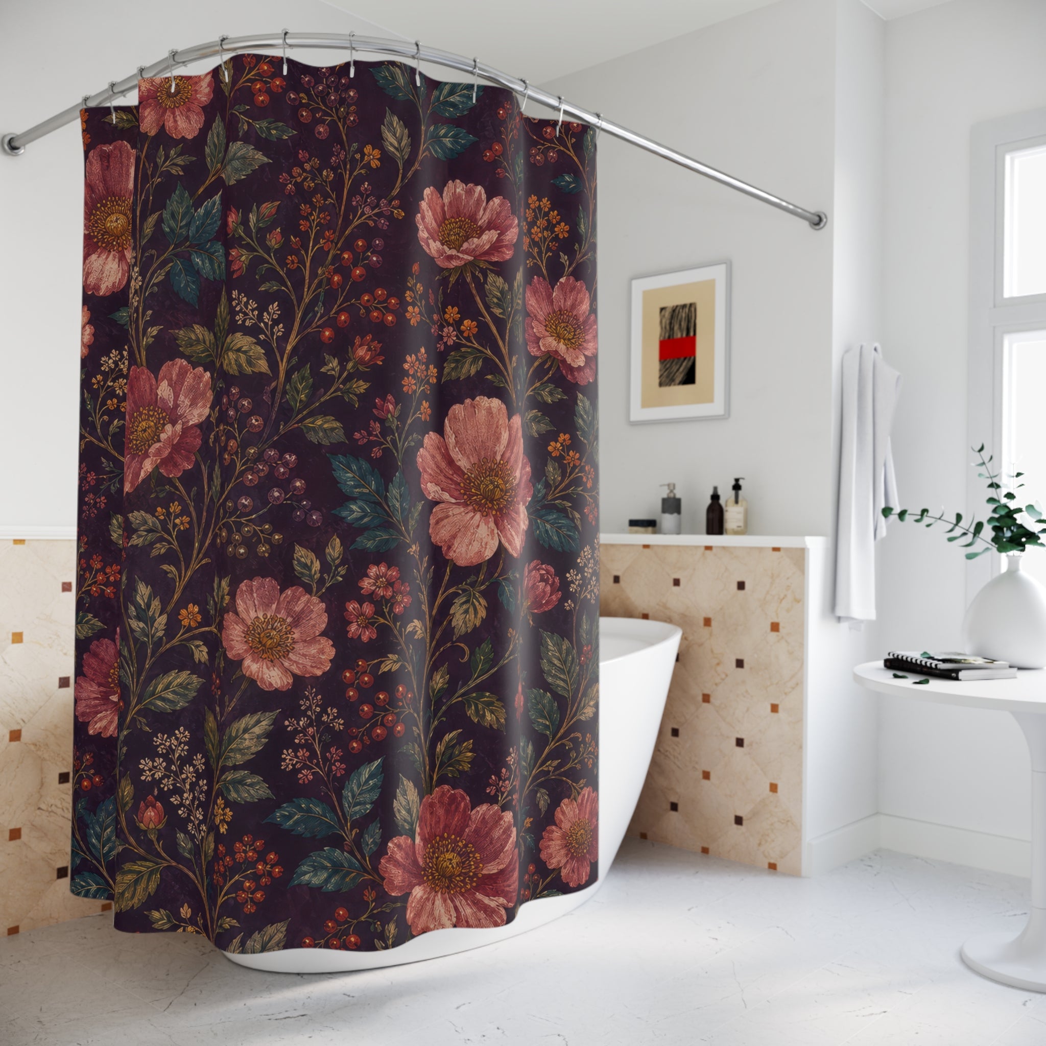 Plum Pink Wildflower Dark Floral Shower Curtain