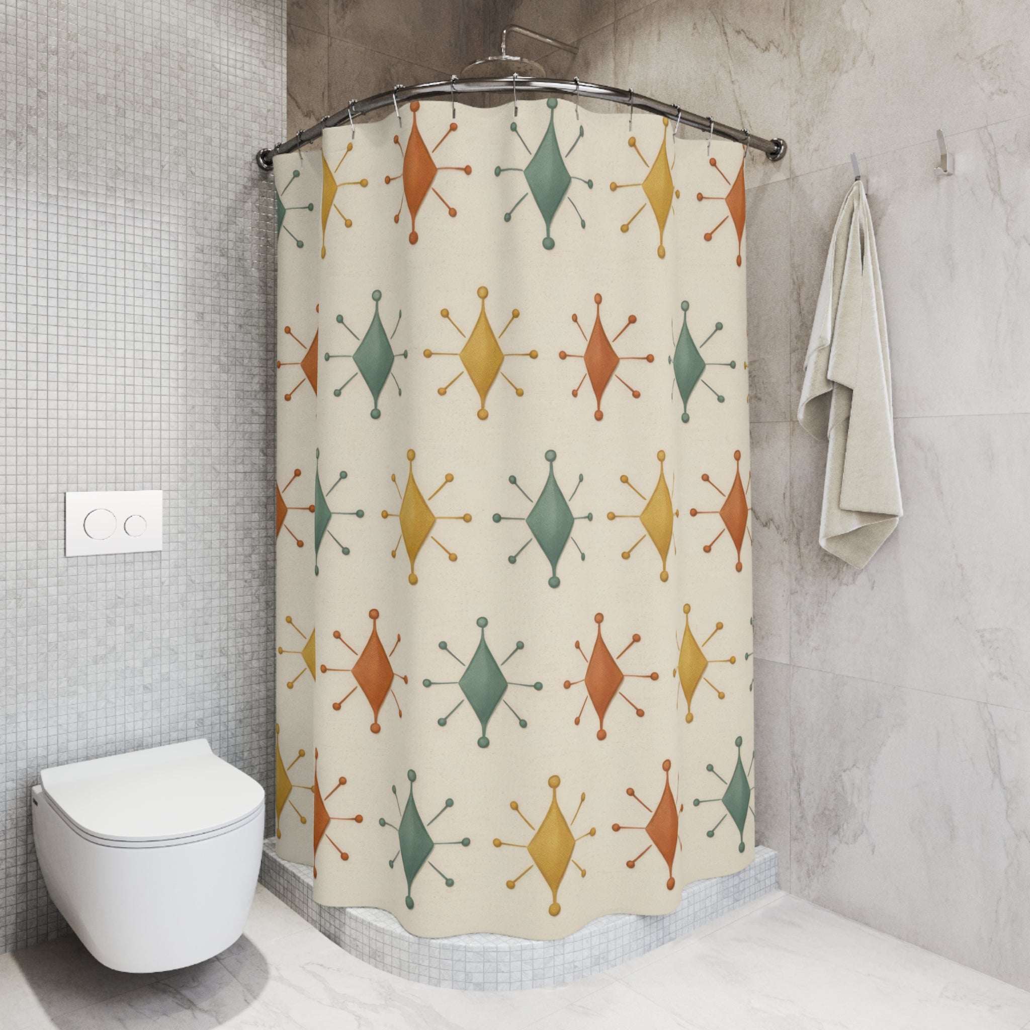 Boho Retro Geometric Shower Curtain – Teal Mustard