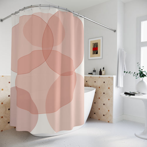 Abstract Coral and Beige terracotta shower curtain with close-up print, hooks, and folds