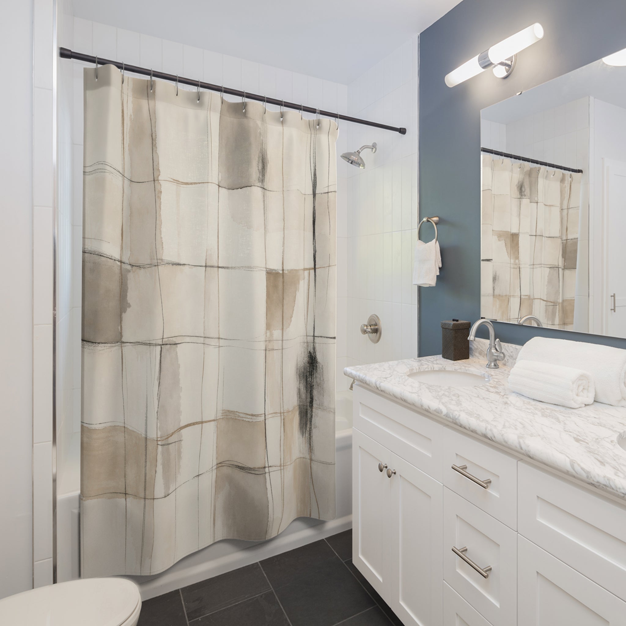 Neutral Abstract Grid Line Shower Curtain