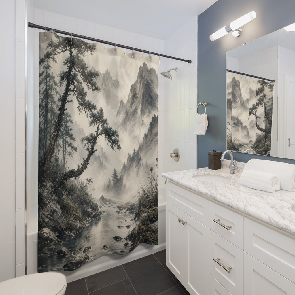 Ink Wash Mountain River Shower Curtain
