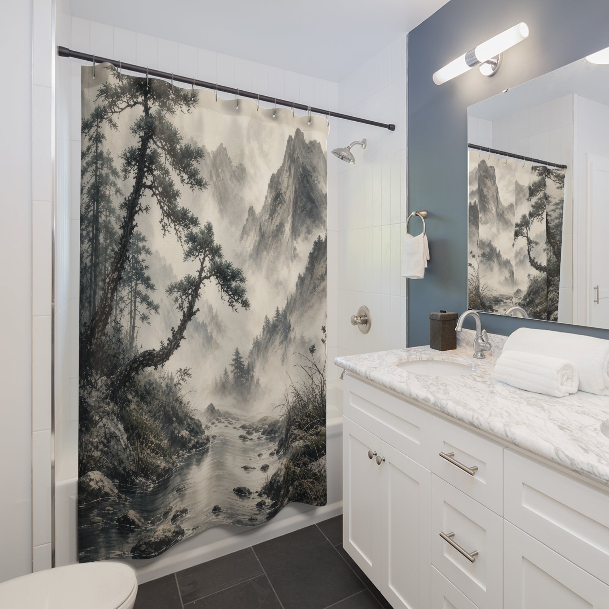 Ink Wash Mountain River Shower Curtain