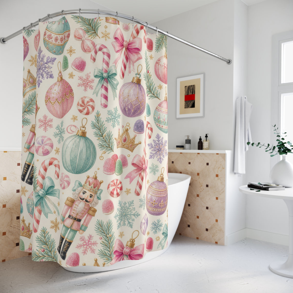 Pastel Nutcracker Ornament christmas pattern shower curtain beside a freestanding tub