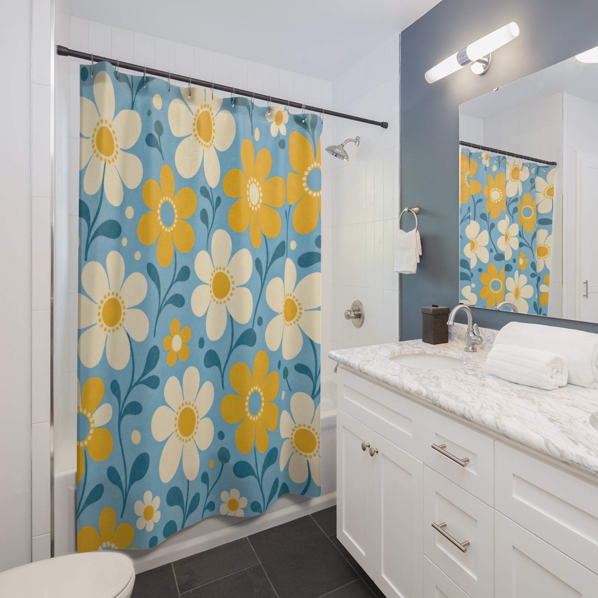 Daisy Shower Curtain, Yellow White Floral Pattern, Blue Retro Bathroom Decor, Cheerful Blue Wall Decor Guest Bath Wall Gift For Home