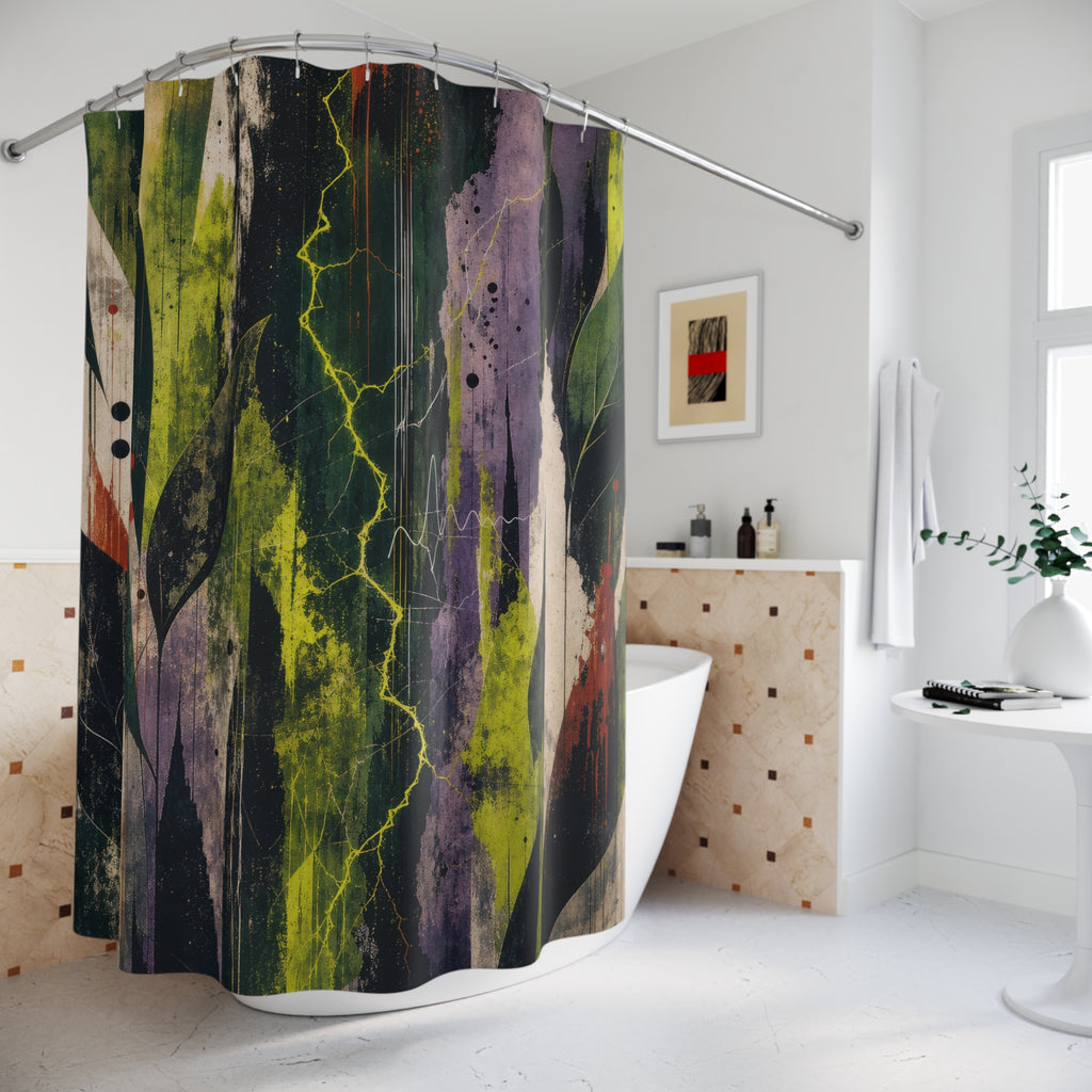Green Botanical Shower Curtain, Dark Leaf Abstract Art, Purple Black Modern Bath Decor, Moody Nature Inspired Guest Bath, Bold Decor