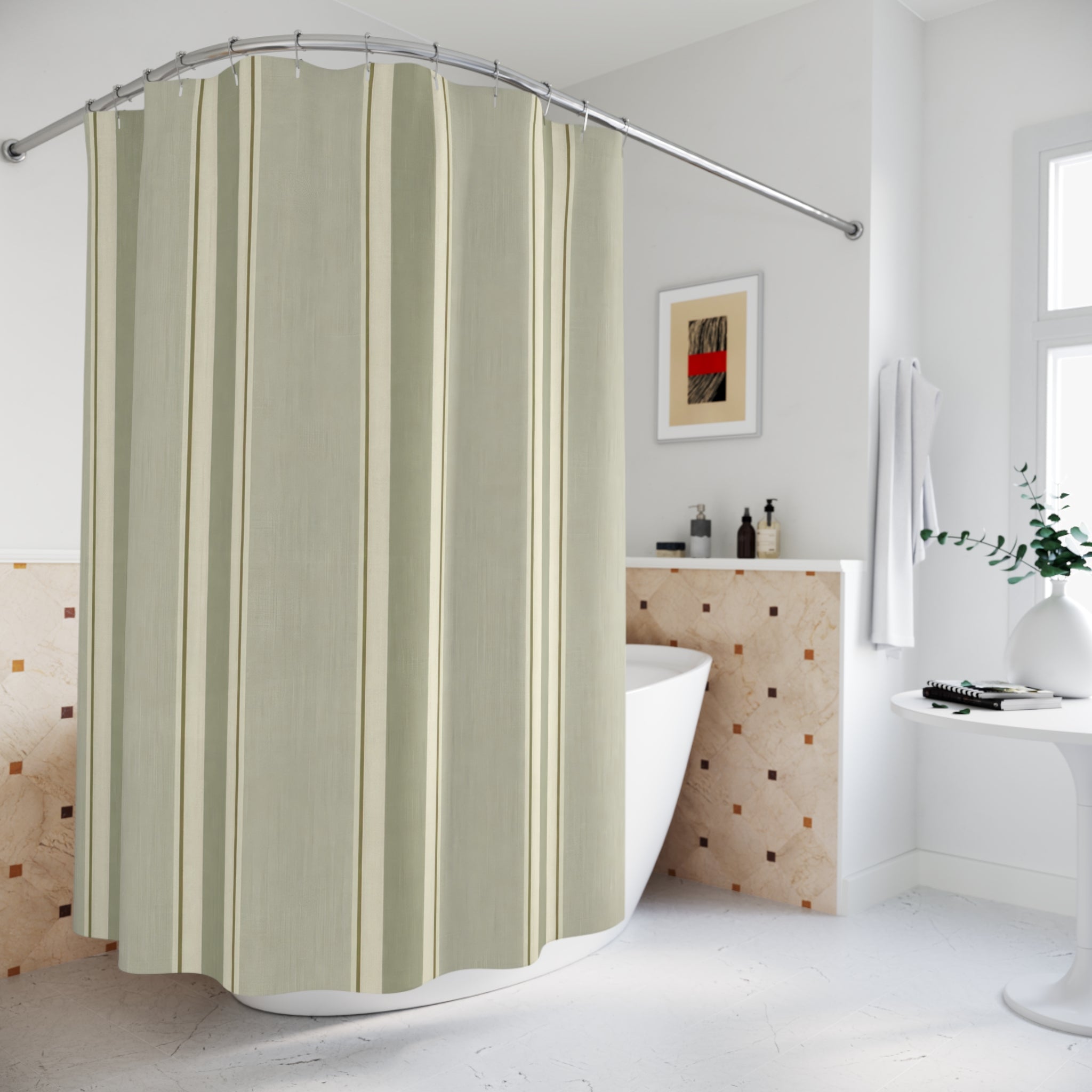 Muted Sage Green White Stripe Shower Curtain