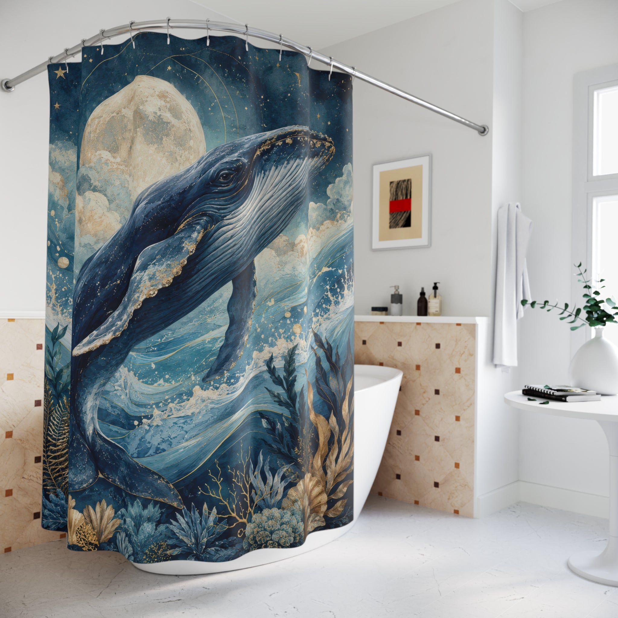Whale Shower Curtain: Navy Blue Celestial Ocean