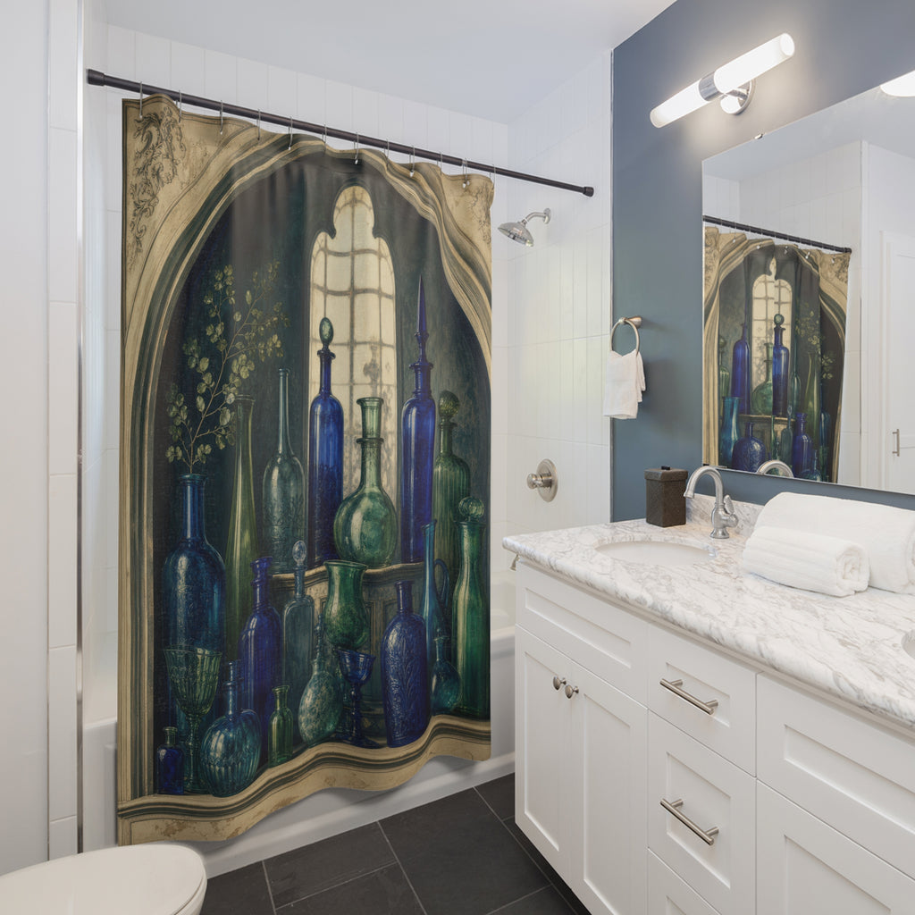Blue and Green Apothecary Glass Shower Curtain