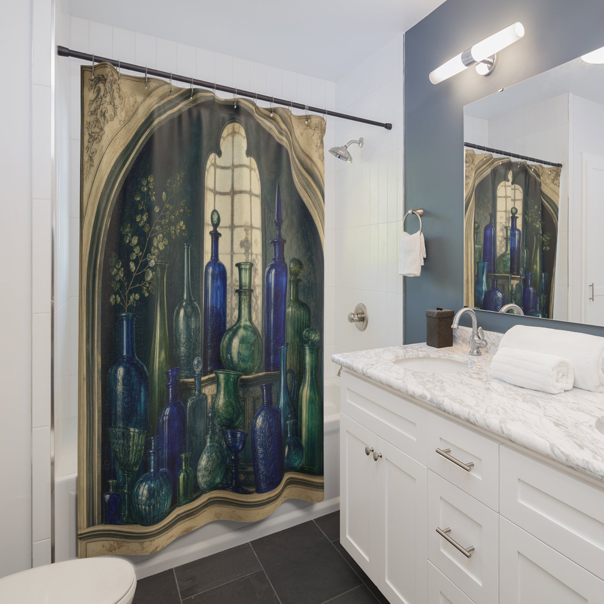 Blue and Green Apothecary Glass Shower Curtain