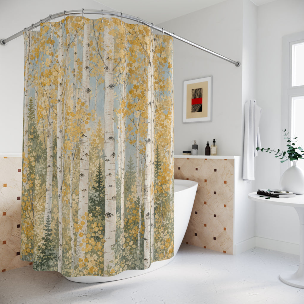 Aspen Tree Shower Curtain, Green White Forest Bath Decor, Golden Leaf Grove Pattern, Airy Nature Inspired Guest Bathroom Cabin Decor