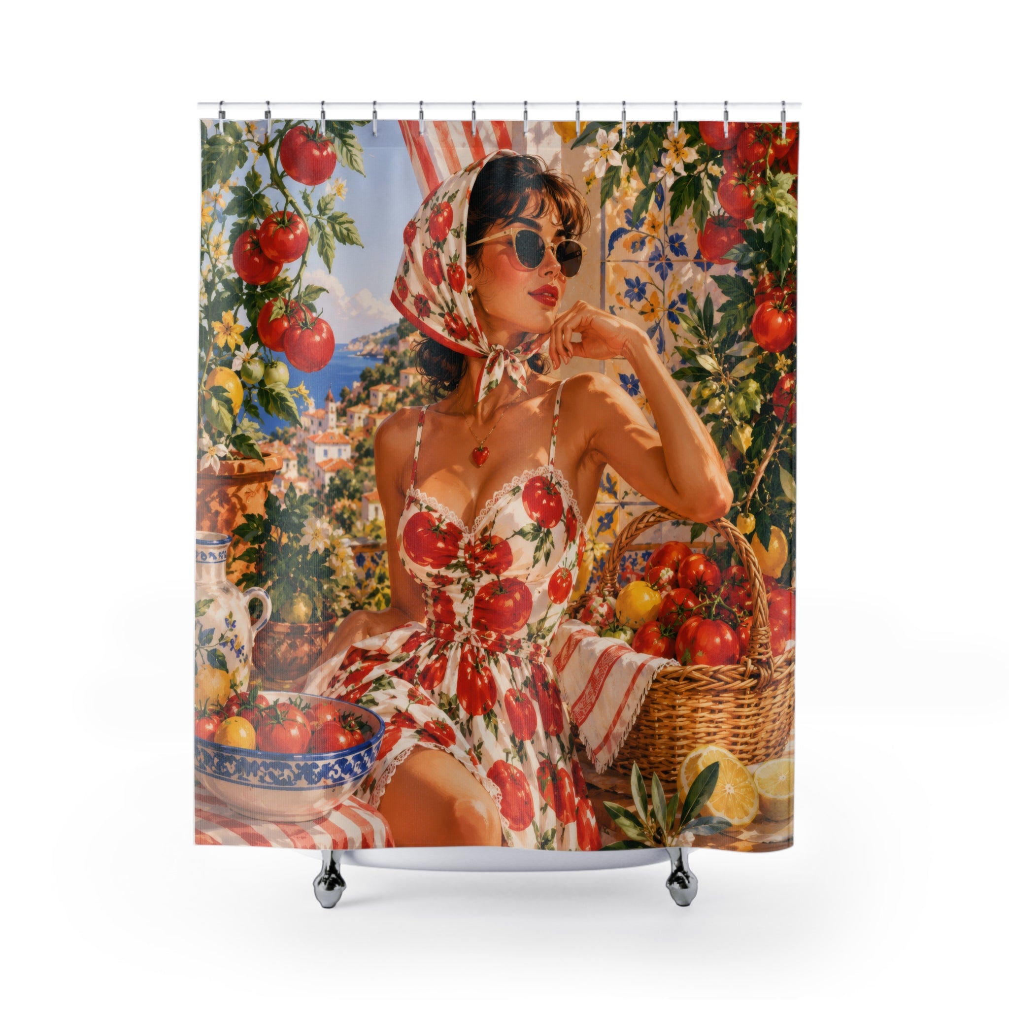 Tomato Girl Shower Curtain: Red White Mediterranean