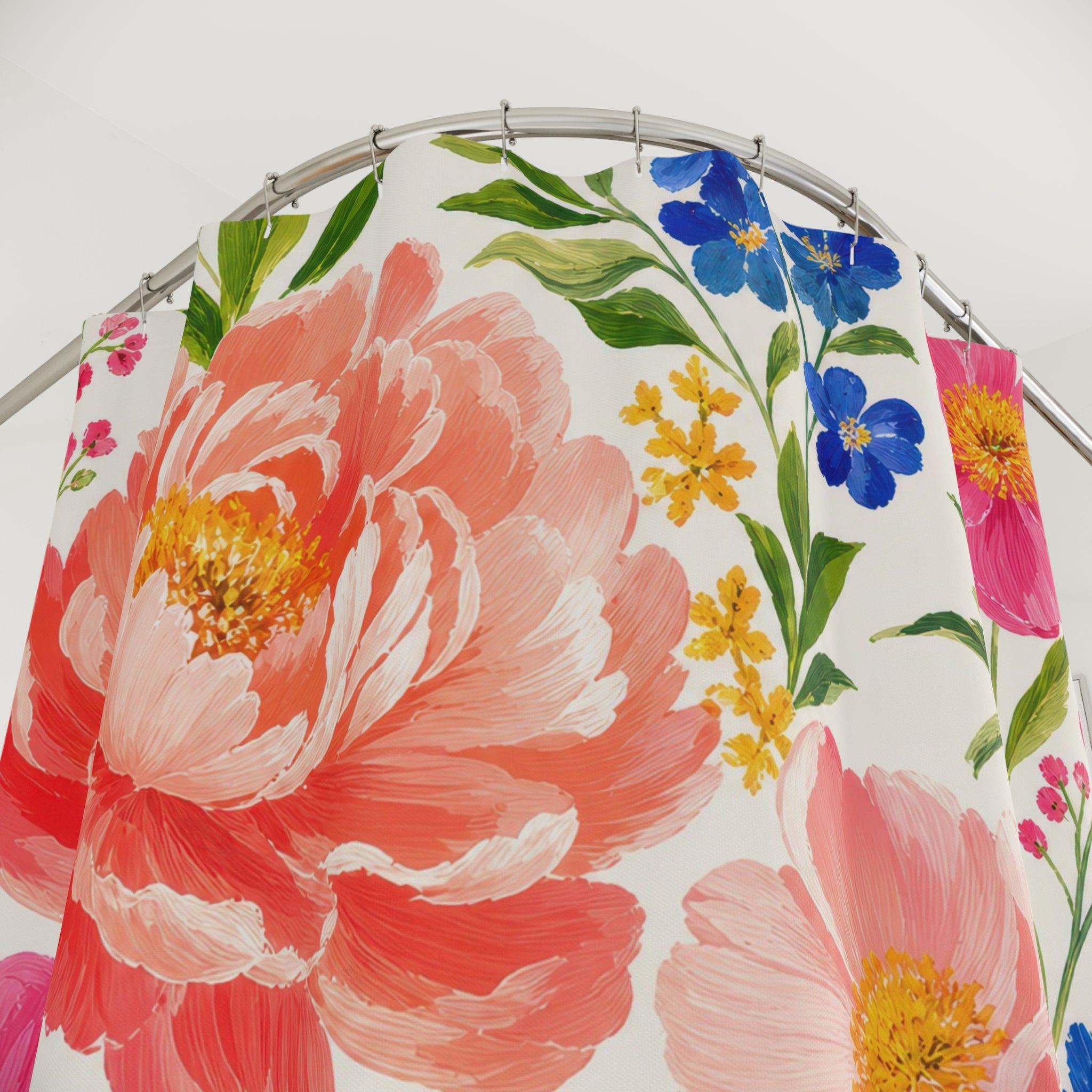 Bright Pink Blue Garden Flower Floral Shower Curtain