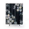 Pale blue and cream dogwood clusters on inky indigo shower curtain with full front view