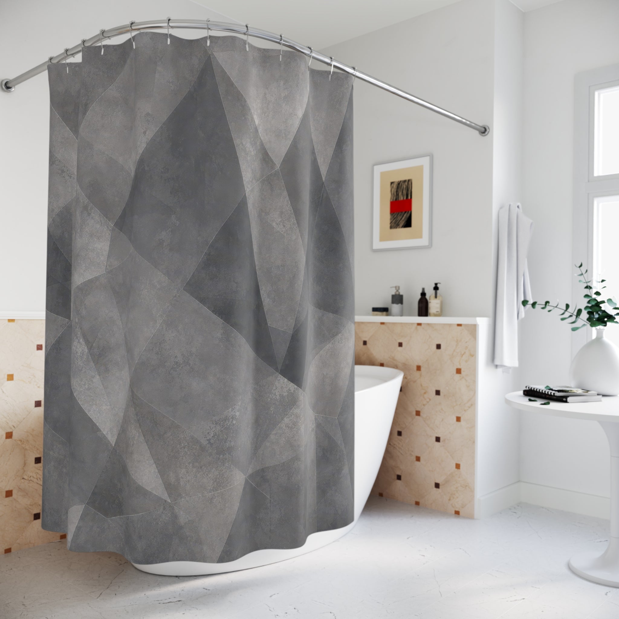 Geometric Shower Curtain, Gray Abstract Bath Decor, Faceted Triangle Pattern, Modern Neutral Guest Bathroom Decor, Faceted Modern Style