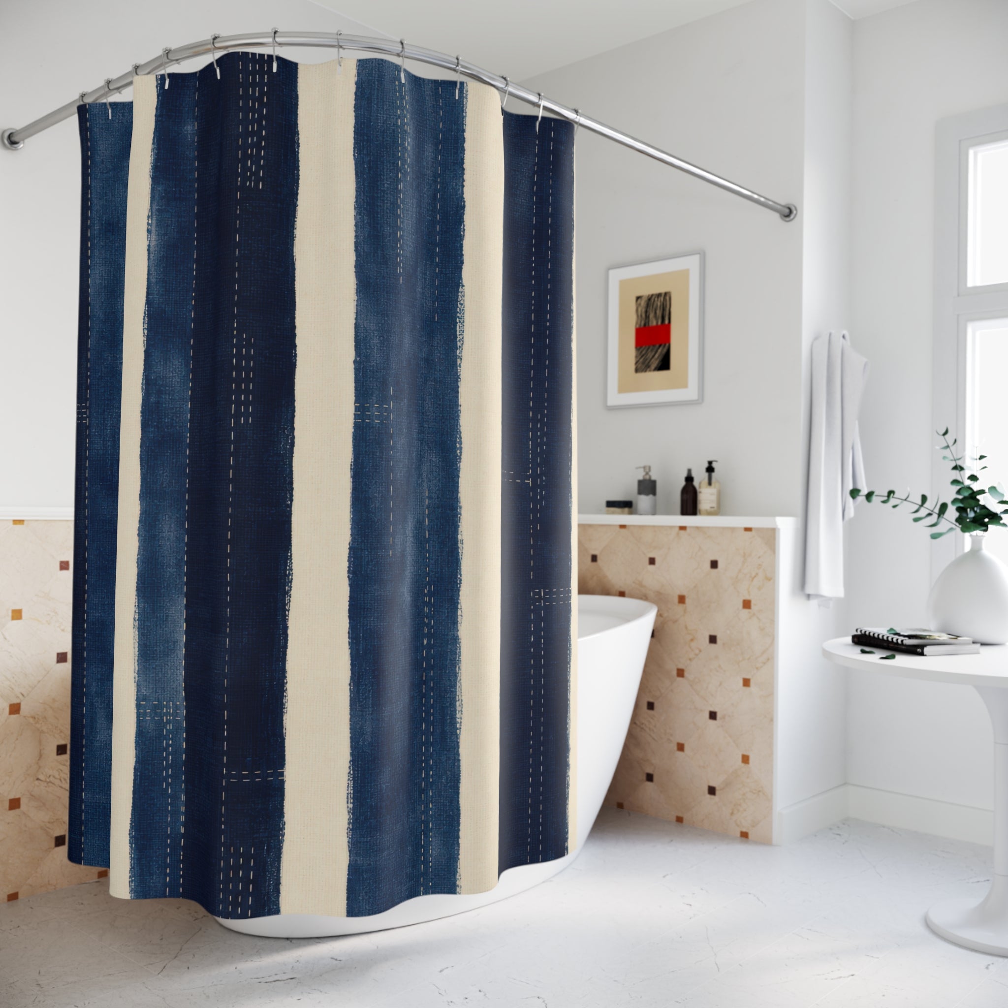 Textured Navy Indigo Stripe Shower Curtain