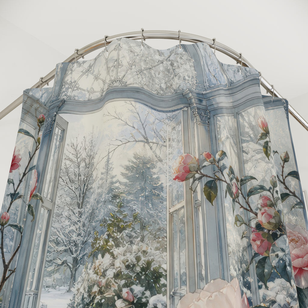 Blush winter camellias in a frosted glass conservatory shower curtain with close-up print, hooks, and folds