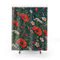 Coral poppies, pink blooms and white yarrow on deep teal shower curtain with full front view