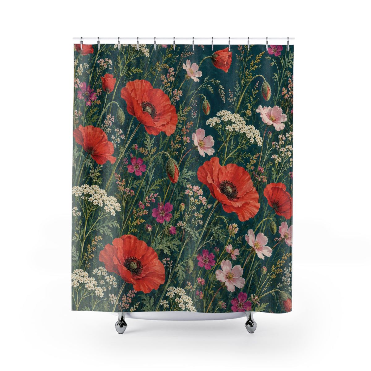Coral poppies, pink blooms and white yarrow on deep teal shower curtain with full front view