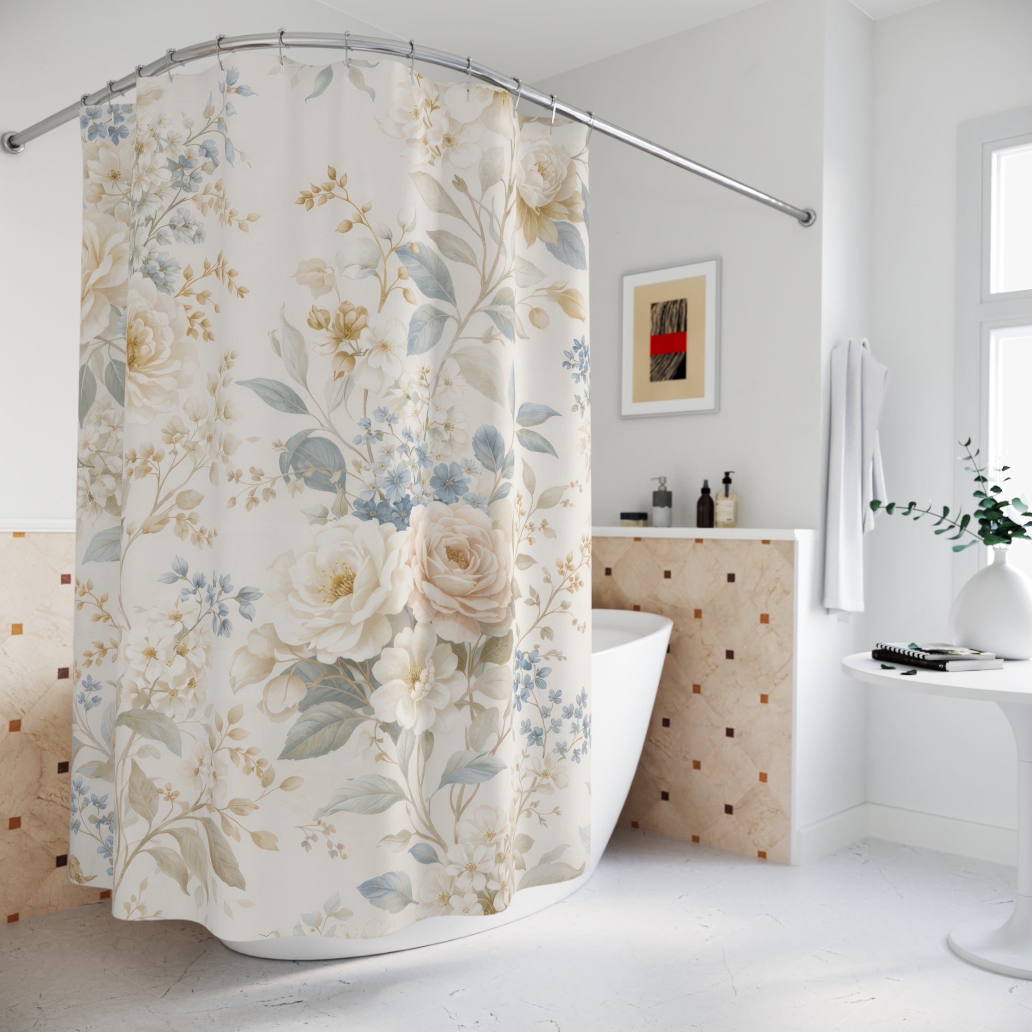 Vintage Floral Shower Curtain – Blue and Beige