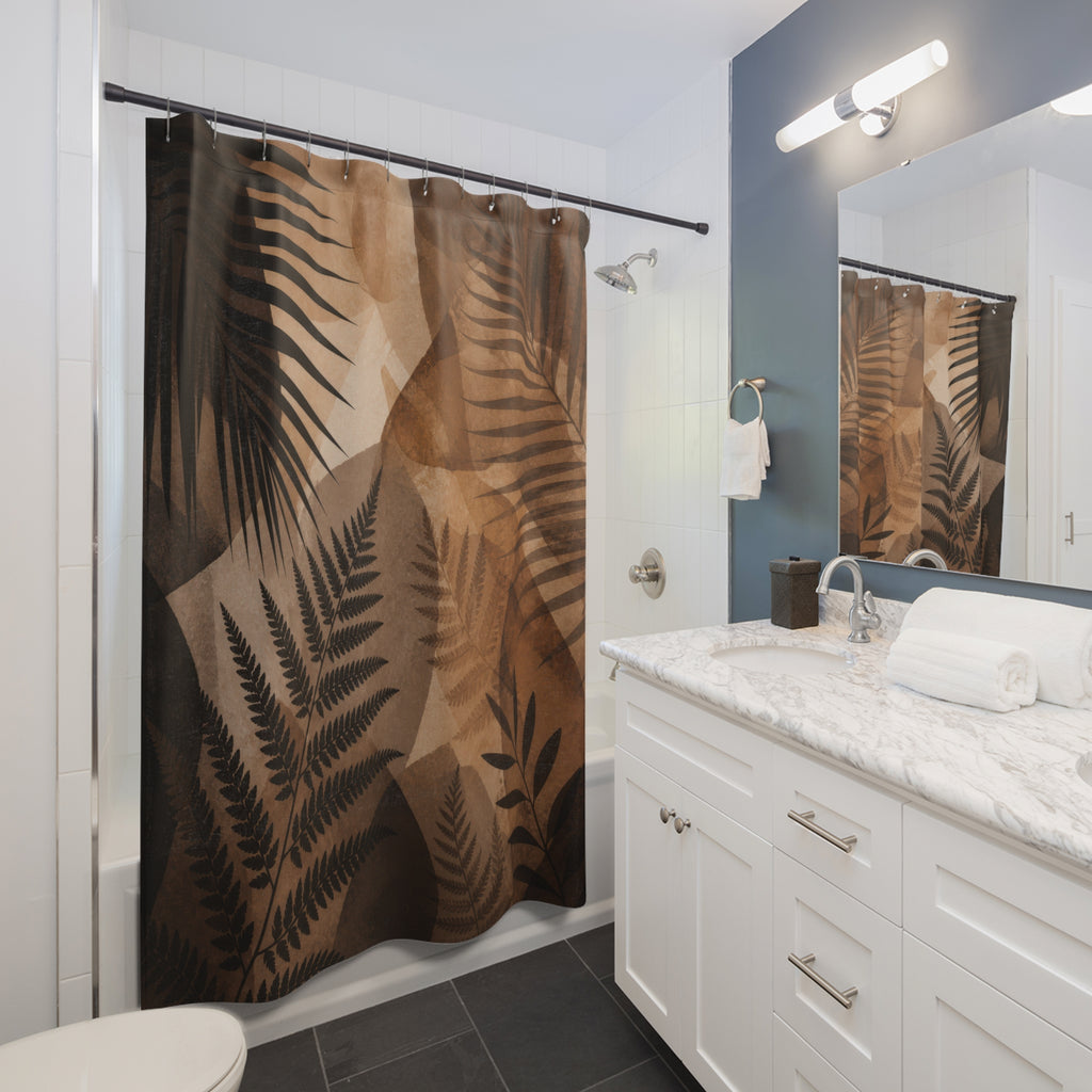 Palm Shower Curtain, Brown Beige Botanical Bath Decor, Sepia Fern Leaf Pattern, Warm Tropical Nature Leaf Guest Bathroom Decor Style