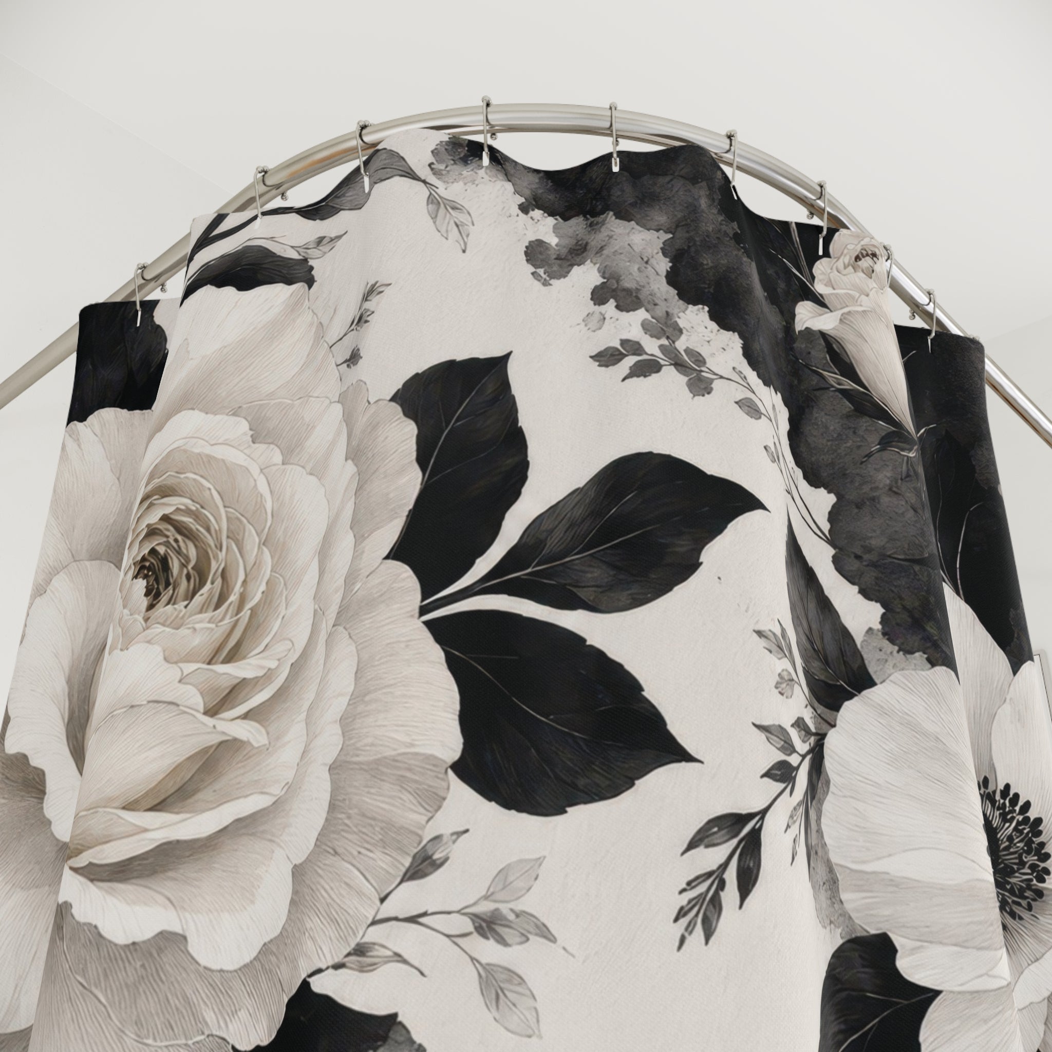Black and White Floral Shower Curtain: Monochrome Rose Pattern