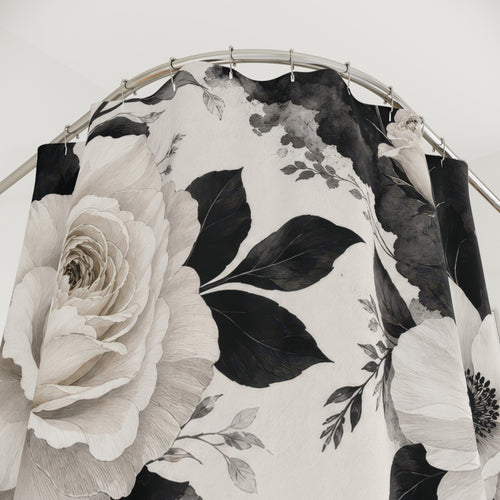 Black and White Floral Shower Curtain: Monochrome Rose Pattern