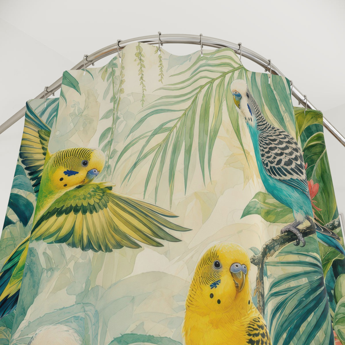 Parakeet Rainforest Canopy shower curtain with close-up print, hooks, and folds