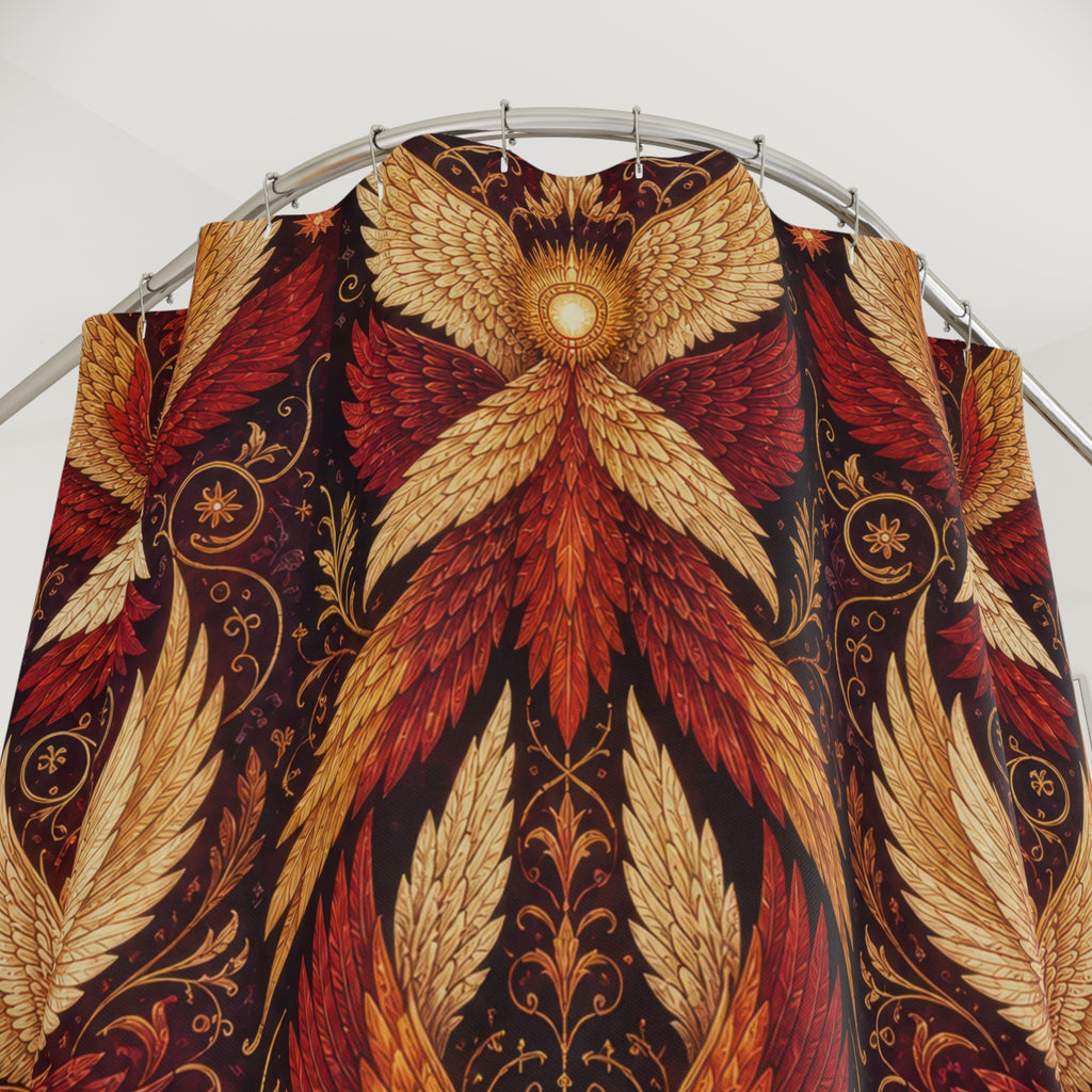 Seraphim Shower Curtain, Red Gold Six Wing Angel Pattern, Sacred Fire Spiritual Decor, Bold Mystical Bathroom Accent, Ruby Gold Bath Art
