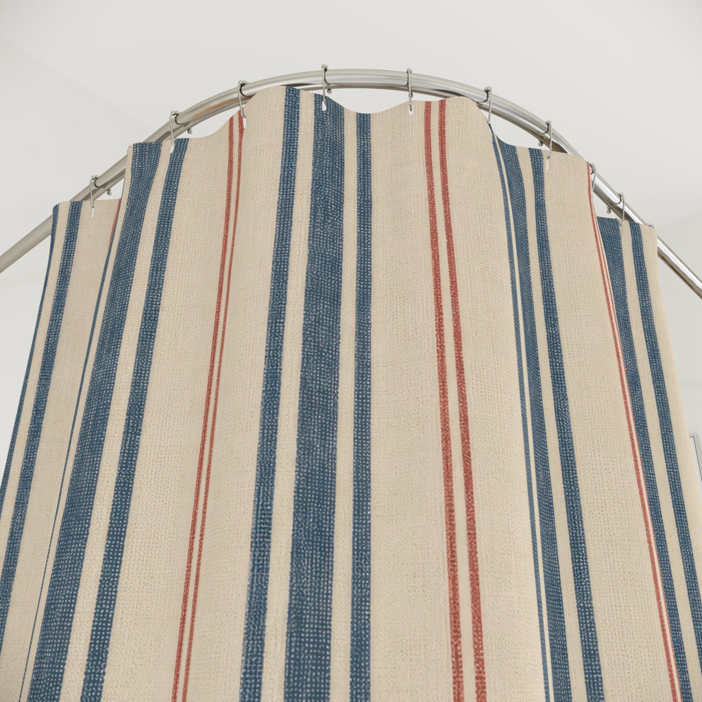 French Ticking Stripe Beige Blue Brown Coral Shower Curtain